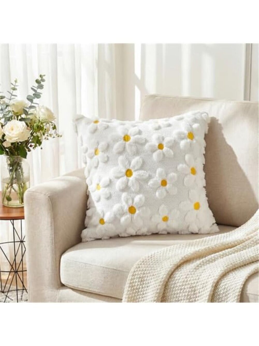 Spring Summer Cream White Daisy Throw Pillow Covers Set of 2, 18x18 - Picture 2 of 7
